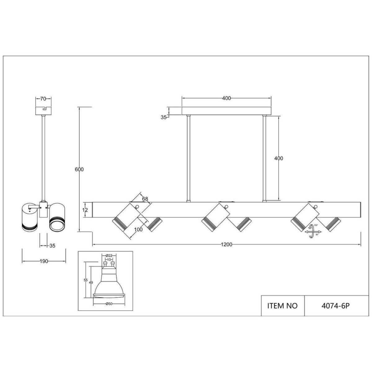 4074-6P, подвесная люстра, L1200xW190xH600, 6xGU10LEDx10W, excluded + LEDx18W, 700LM, 4000K, included — изображение 6