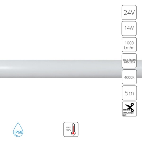 A2418013-02-4K Светодиодная лента термостойкая 24В 14Вт/м 1000Лм/м 4000К 80+ 13мм SMD2835 180шт/м 5м IP68