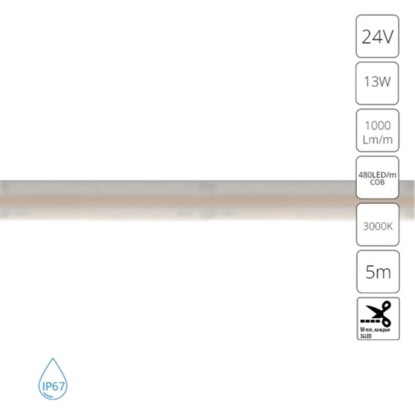 A2448010-01-3K Светодиодная лента 24В 13Вт/м 1000Лм/м 3000К 90+ 10мм COB 480шт/м 5м IP67