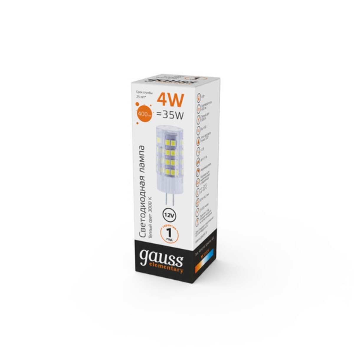 10714 Лампа Gauss Elementary G4 12V 4W 400lm 3000K керамика LED 1/10/200 — изображение 3