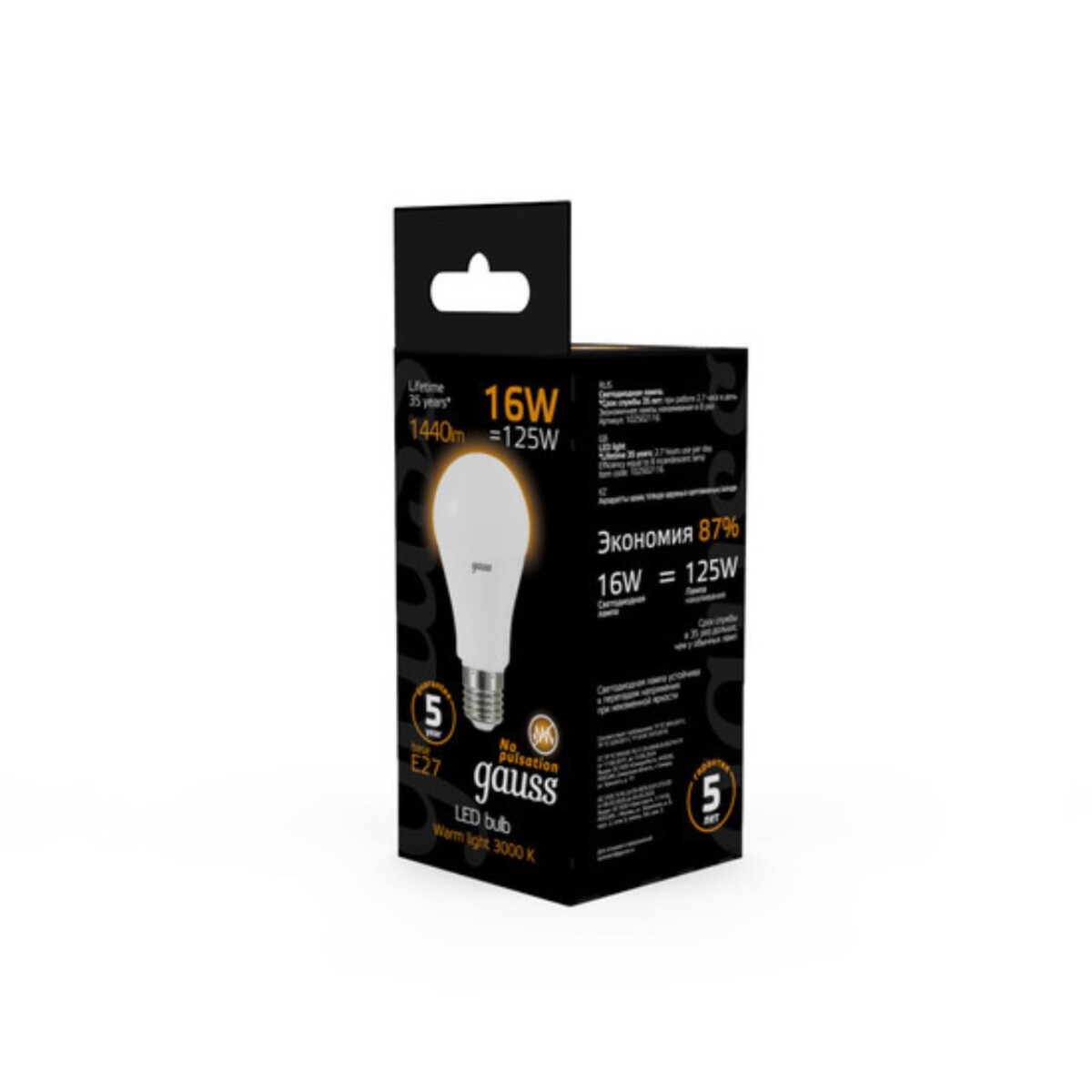 102502116 Лампа Gauss LED A60 16W E27 1380lm 3000K 1/10/50 — изображение 4