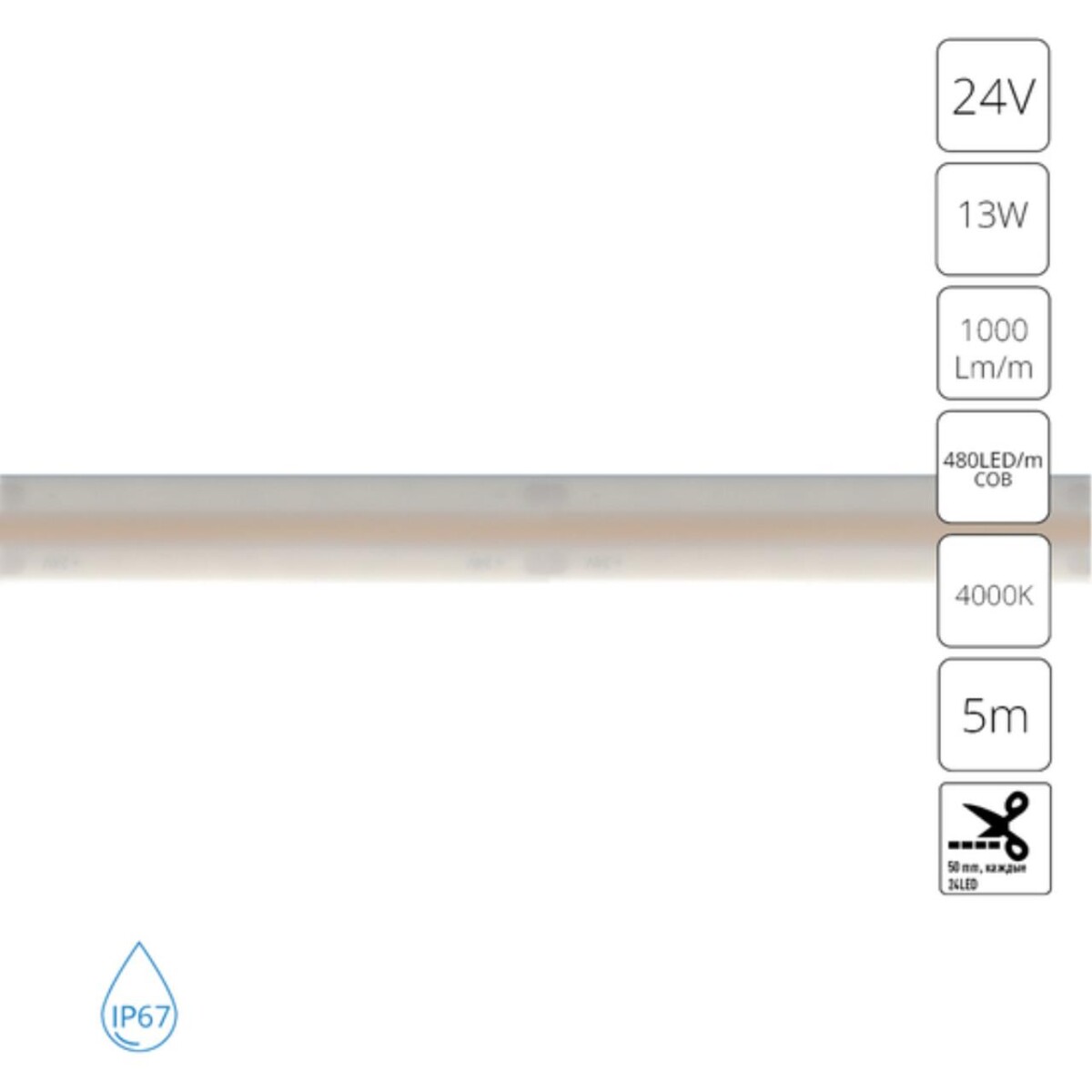 A2448010-02-4K Светодиодная лента 24В 13Вт/м 1000Лм/м 4000К 90+ 10мм COB 480шт/м 5м IP67 — изображение 1
