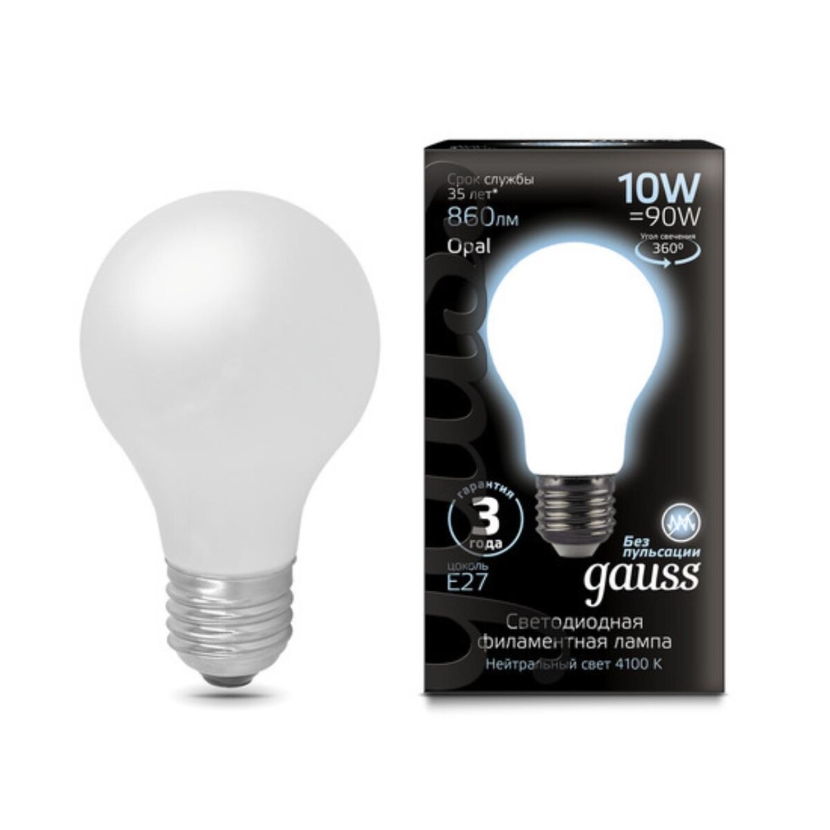 102202210 Лампа Gauss LED Filament A60 OPAL E27 10W 860lm 4100К 1/10/40 — изображение 1