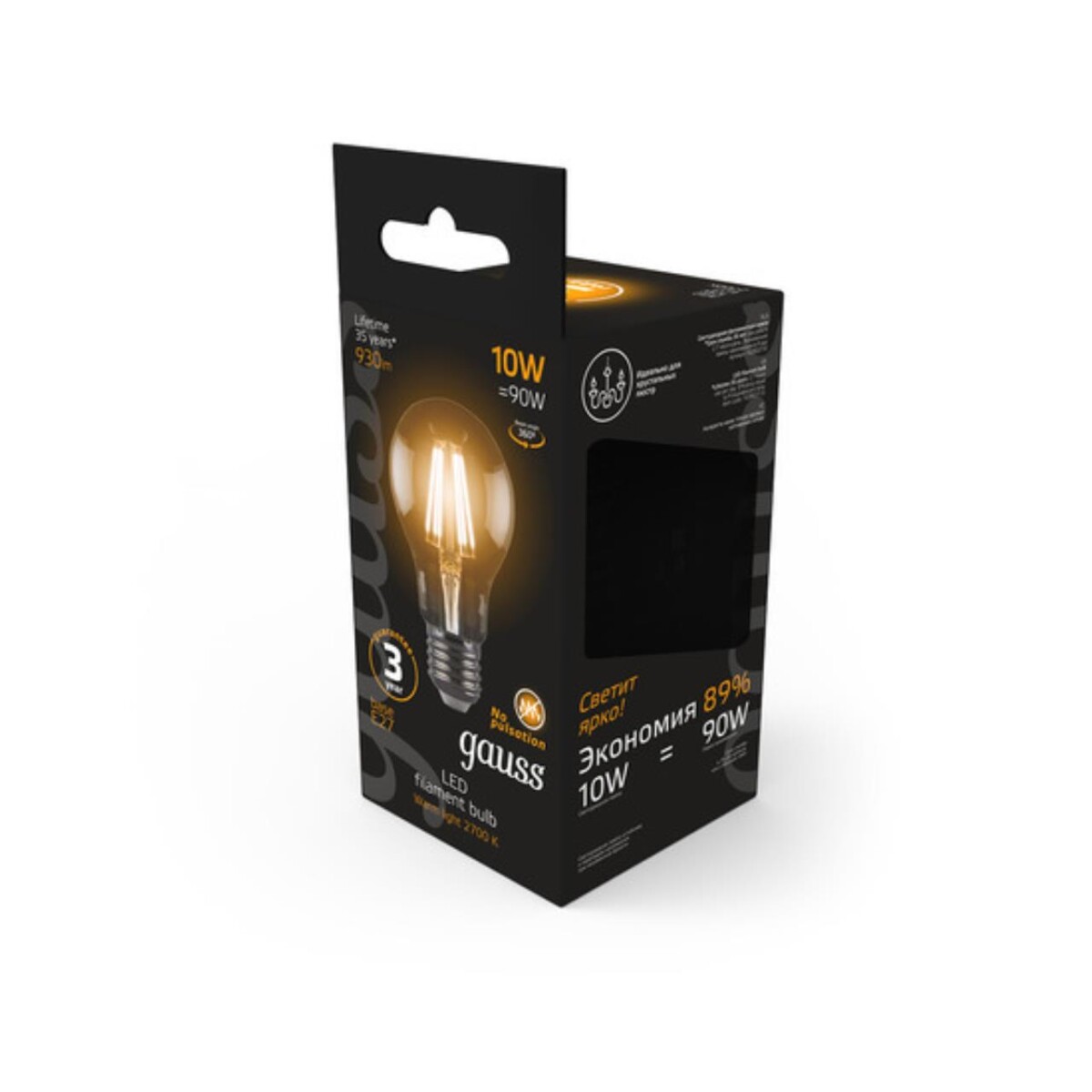 102802110 Лампа Gauss LED Filament A60 E27 10W 930lm 2700К 1/10/40 — изображение 4