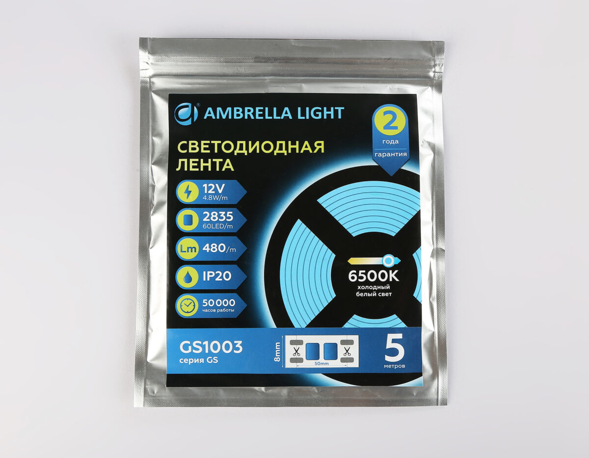 GS1003 2835 60Led/ 4.8W m/ 12V IP20 6500K/ 5000*8*1.2mm (2 конт.) — изображение 4