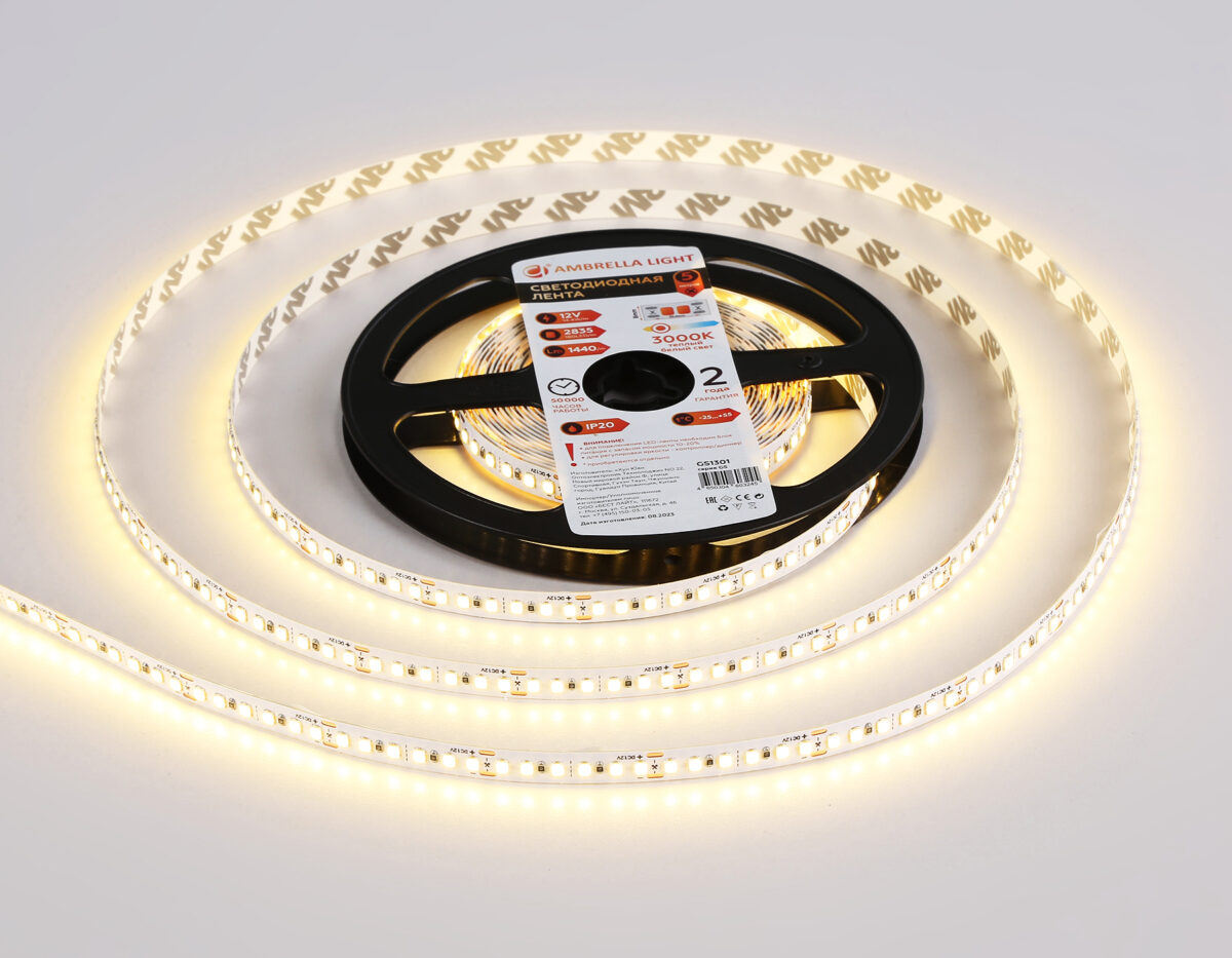 GS1301 2835 180Led/ 14.4W m/ 12V IP20 3000K/ 5000*8*1.2mm (2 конт.) — изображение 2