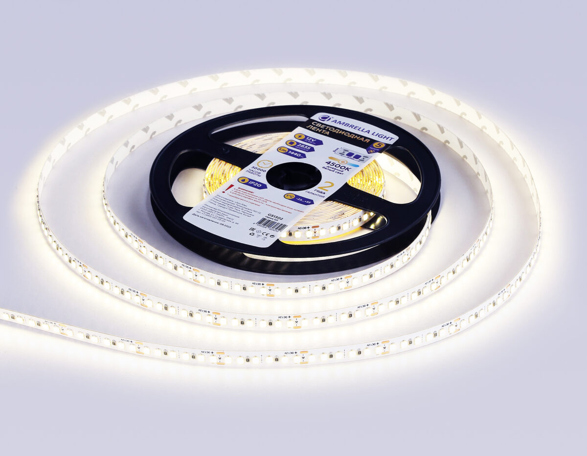 GS1312 2835 180Led/ 14.4W m/ 12V IP20 4500K/ 5000*10*1.2mm (2 конт.) — изображение 2