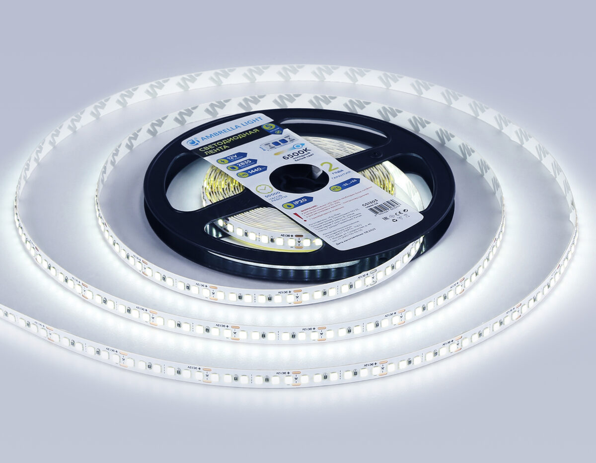 GS1313 2835 180Led/ 14.4W m/ 12V IP20 6500K/ 5000*10*1.2mm (2 конт.) — изображение 2