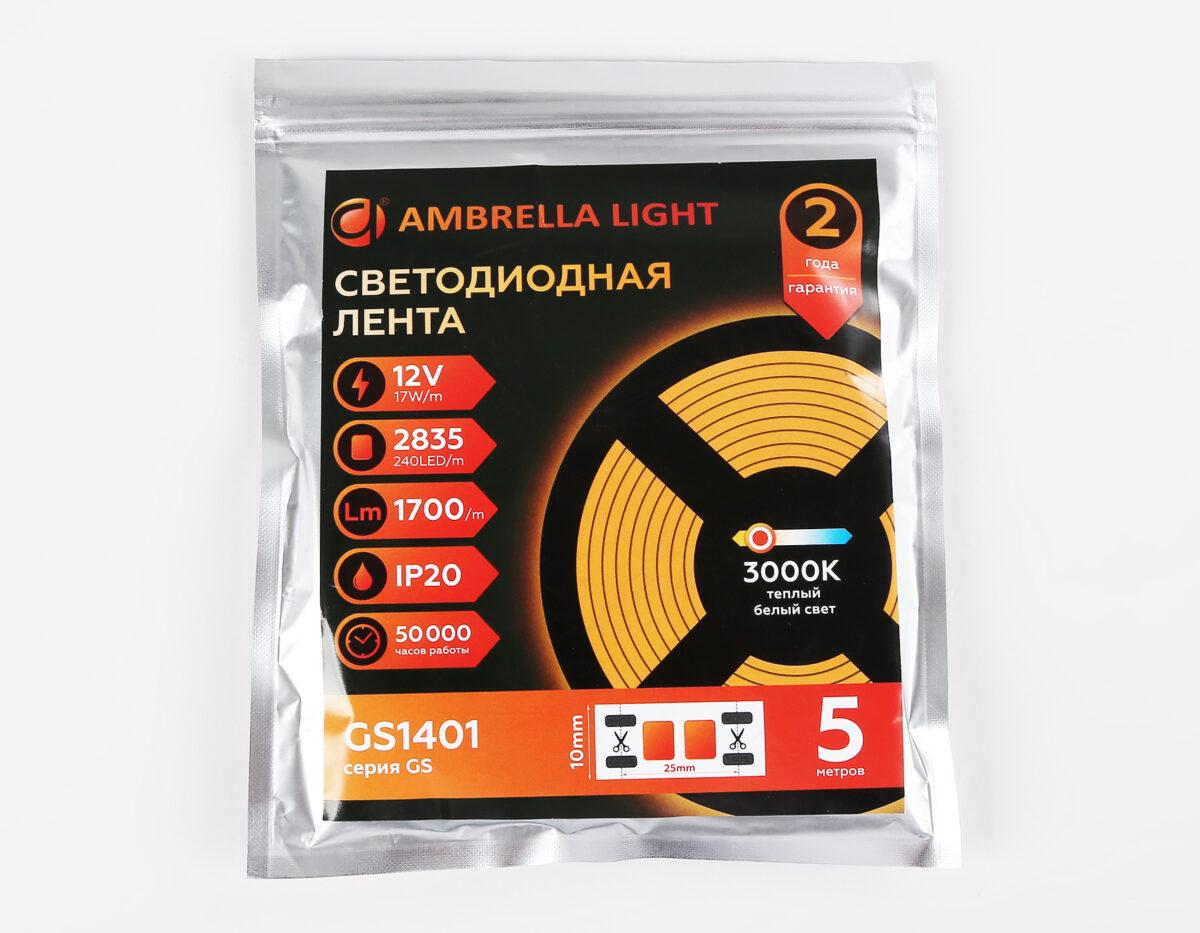 GS1401 2835 240Led/ 17W m/ 12V IP20 3000K/ 5000*10*1.2mm (2 конт.) — изображение 5