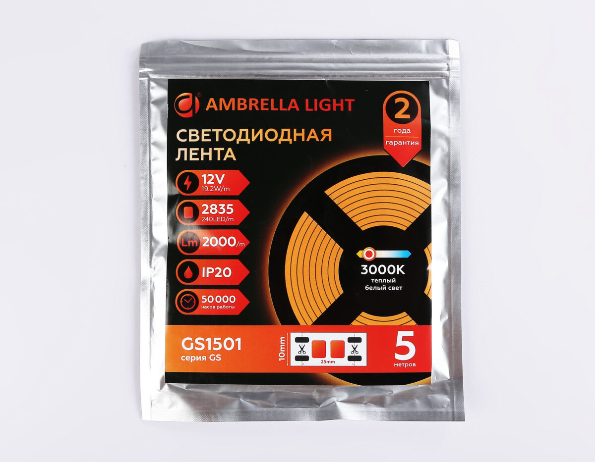 GS1501 2835 240Led/ 19.2W m/ 12V IP20 3000K/ 5000*10*1.2mm (2 конт.) — изображение 4