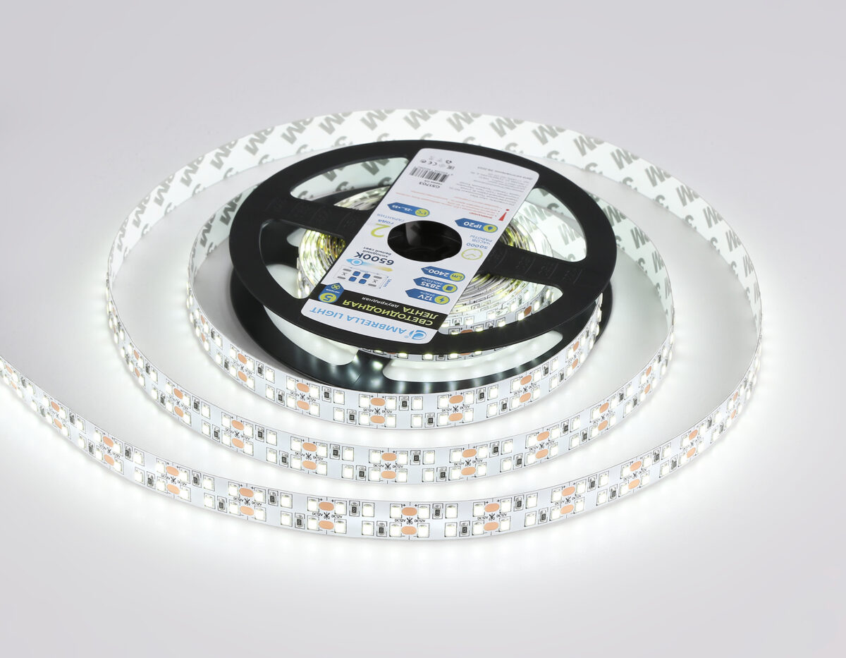 GS1703 2835 240Led/ 24W m/ 12V IP20 6500K/ 5000*10*1.2mm (2 конт.) — изображение 2