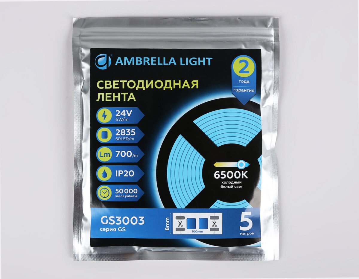 GS3003 2835 60Led/ 6W m/ 24V IP20 6500K/ 5000*8*1.2mm (2 конт.) — изображение 4