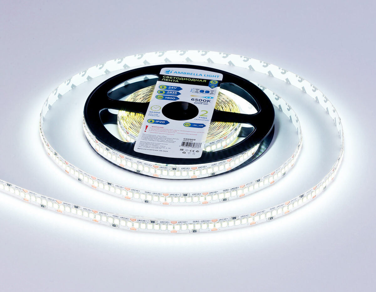 GS3303 2835 240Led/ 18W m/ 24V IP20 6500K/ 5000*10*1.2mm (2 конт.) — изображение 2