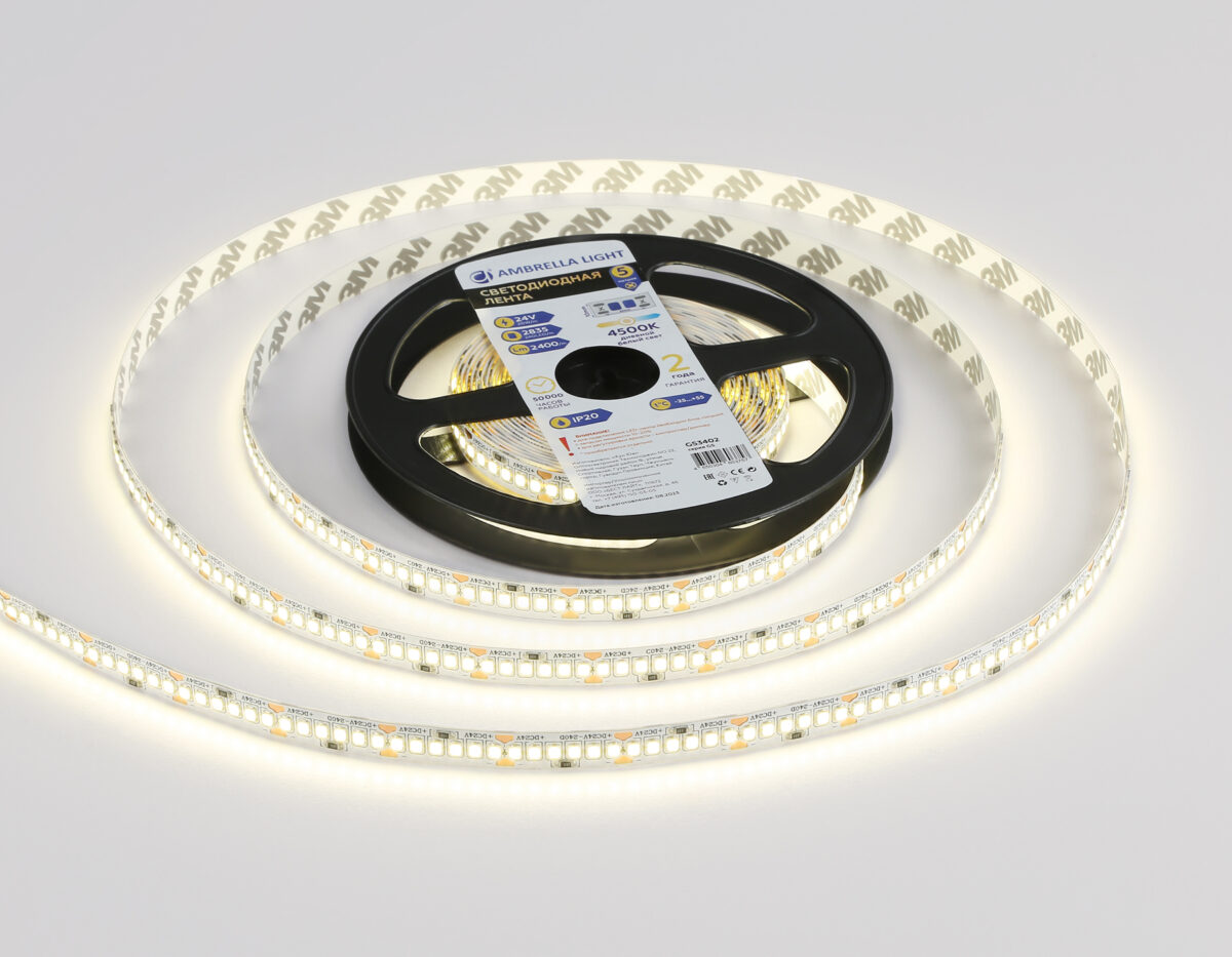 GS3402 2835 240Led/ 20W m/ 24V IP20 4500K/ 5000*10*1.2mm (2 конт.) — изображение 2