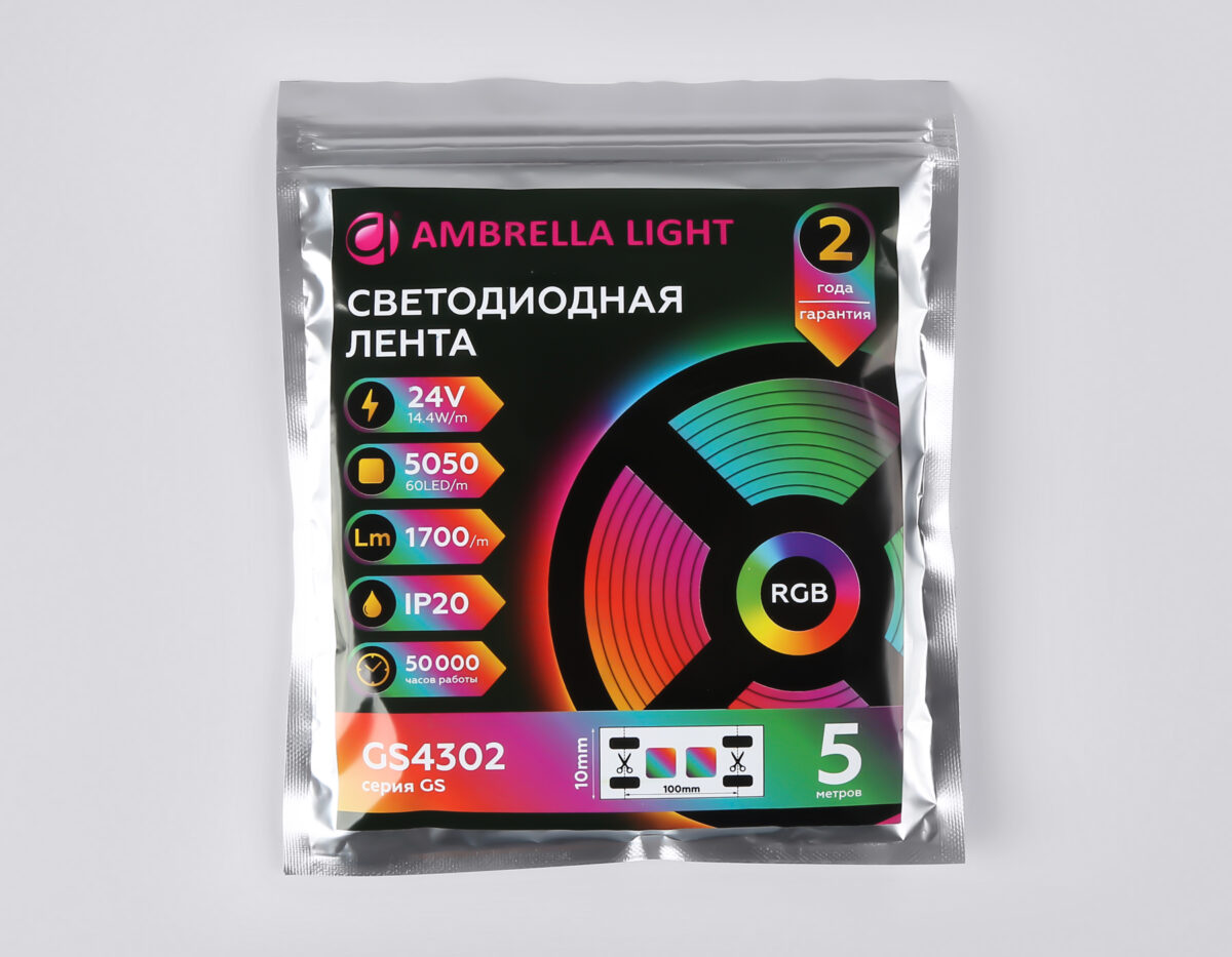 GS4302 5050 60Led/ 14.4W m/ 24V IP20 RGB/ 5000*10*1.87mm (4 конт.) — изображение 6