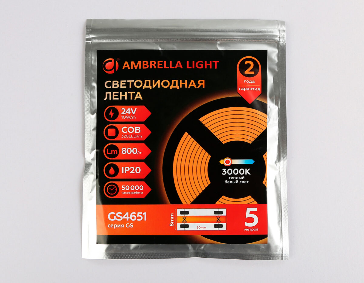 GS4651 COB 320Led/ 10W m/ 24V IP20 3000K/ 5000*8*1.54mm (2 конт.) — изображение 4