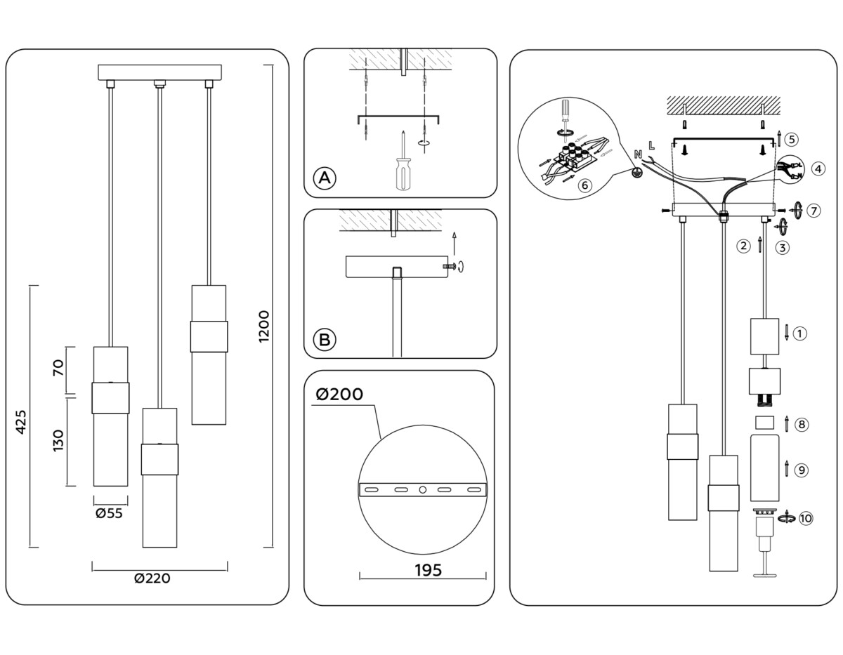 LH55112/3 BS/FR/TI латунь/белый матовый/янтарь E14*3 max 40W D220*1200 — изображение 6