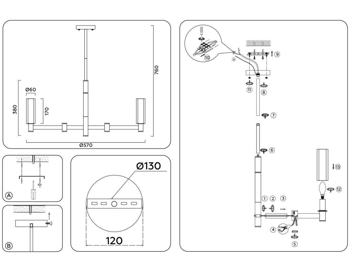 LH55501/6 SN/BK/CL сатин никель/черный/прозрачный E14*6 max 40W D570*760 — изображение 6
