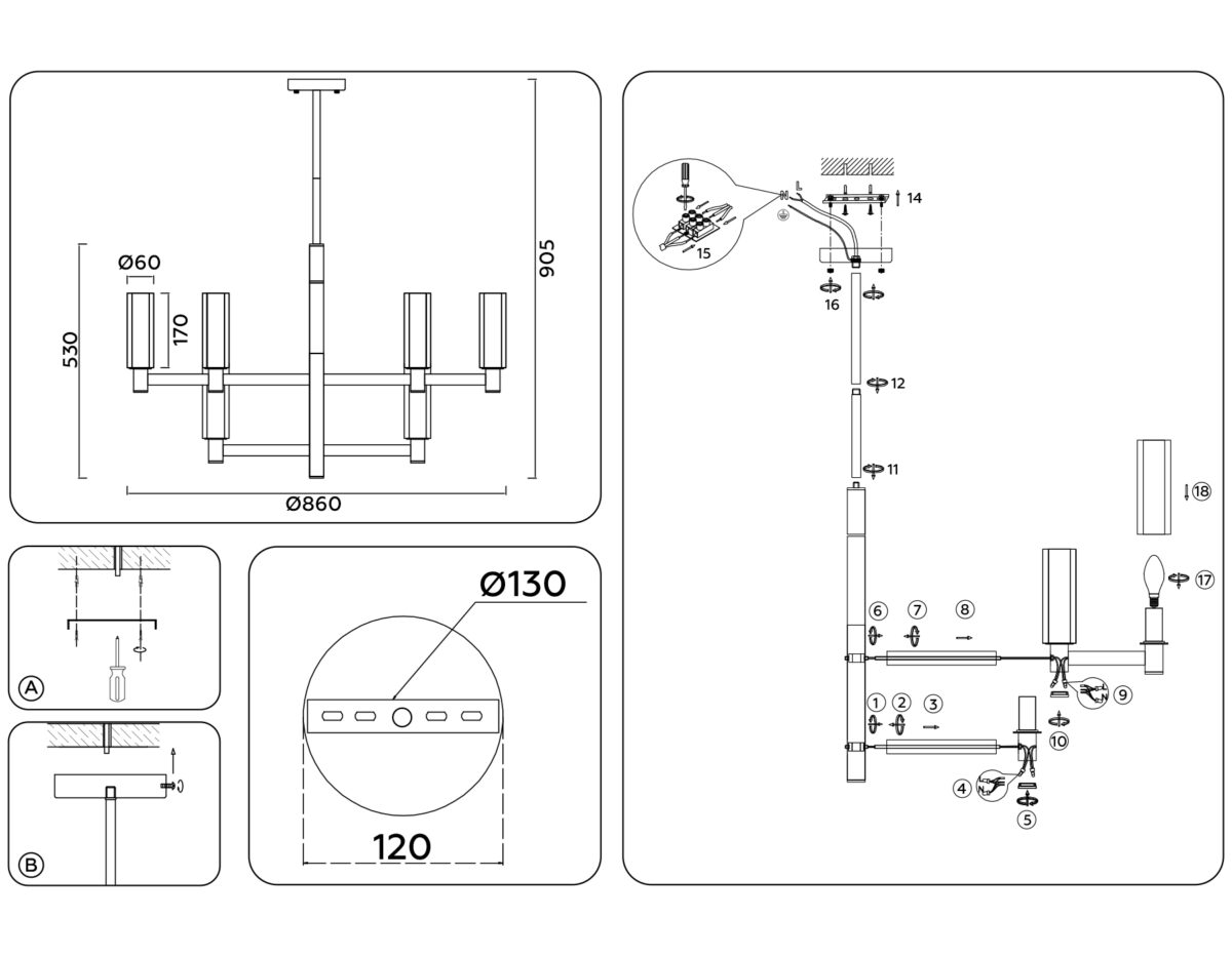LH55505/12 SN/BK/CL сатин никель/черный/прозрачный E14*12 max 40W D860*905 — изображение 7