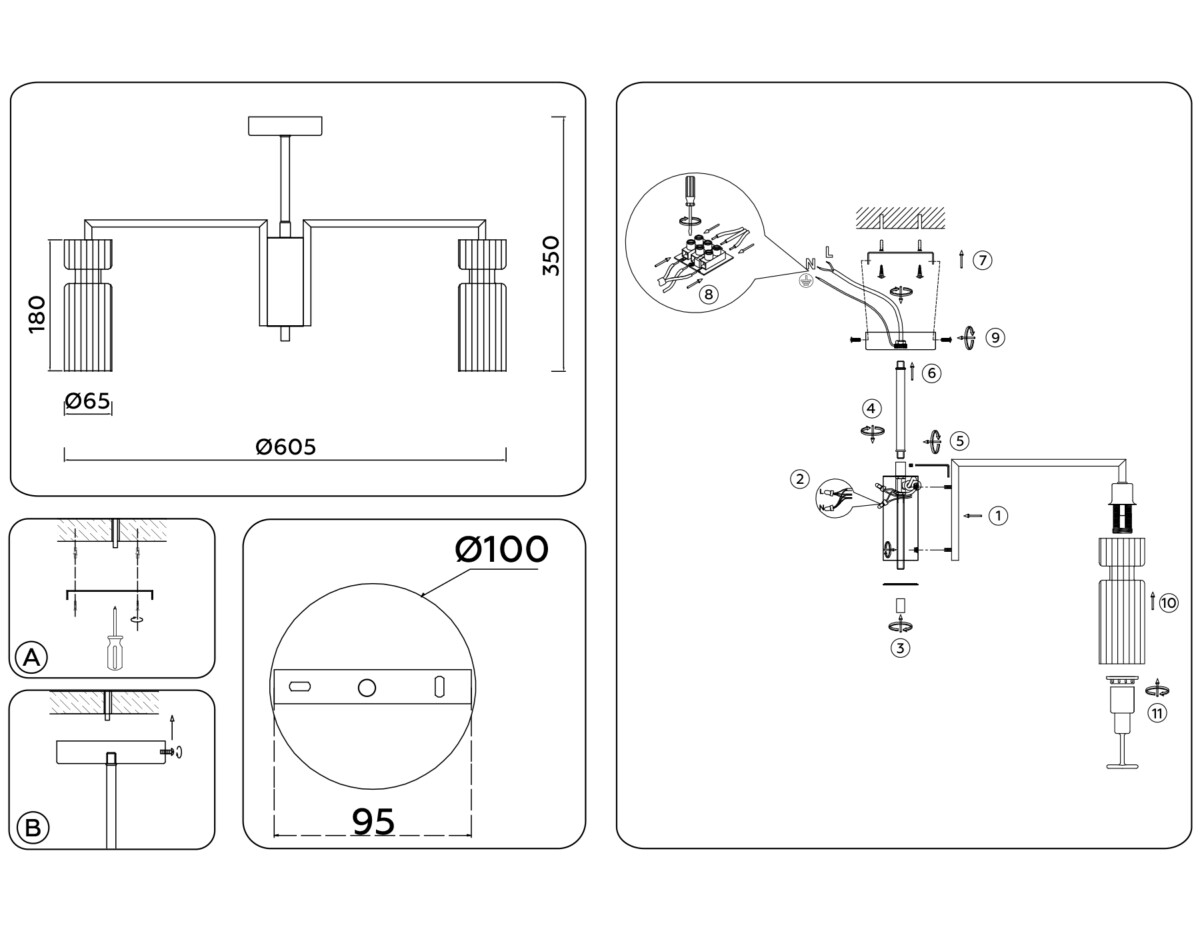 LH56113/5 BK/BS/CL черный/латунь/прозрачный E14*5 max 40W D605*350 — изображение 6