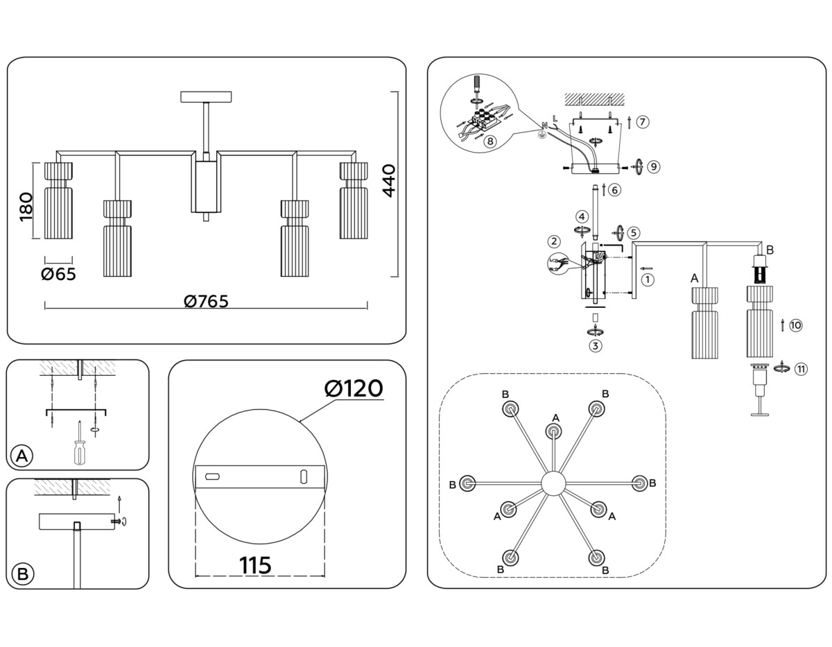 LH56117/9 BK/BS/CL черный/латунь/прозрачный E14*9 max 40W D765*440 — изображение 6