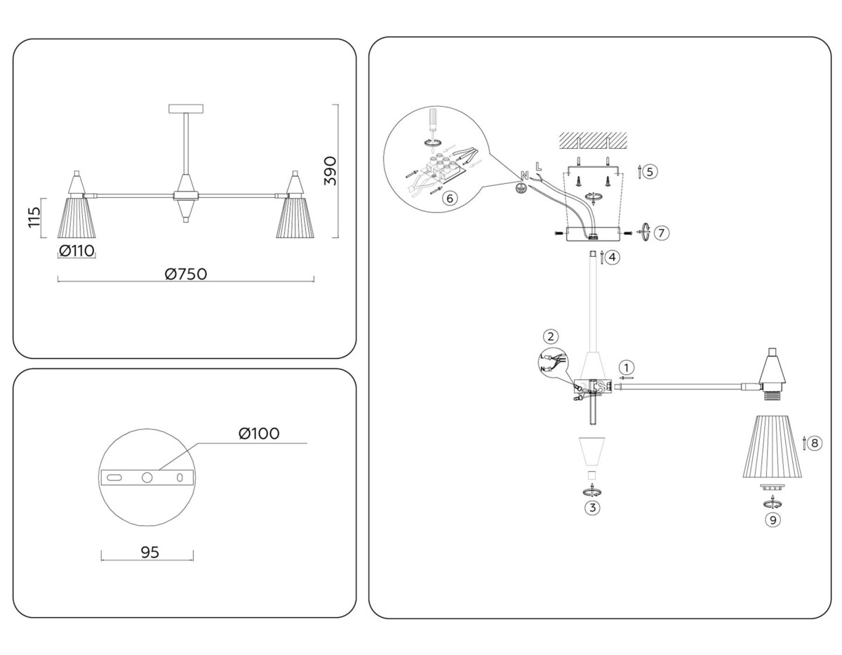 LH58116/7 BK/LW/SM черный/светлое дерево/дымчатый E14*7 max 40W D750*390 — изображение 7
