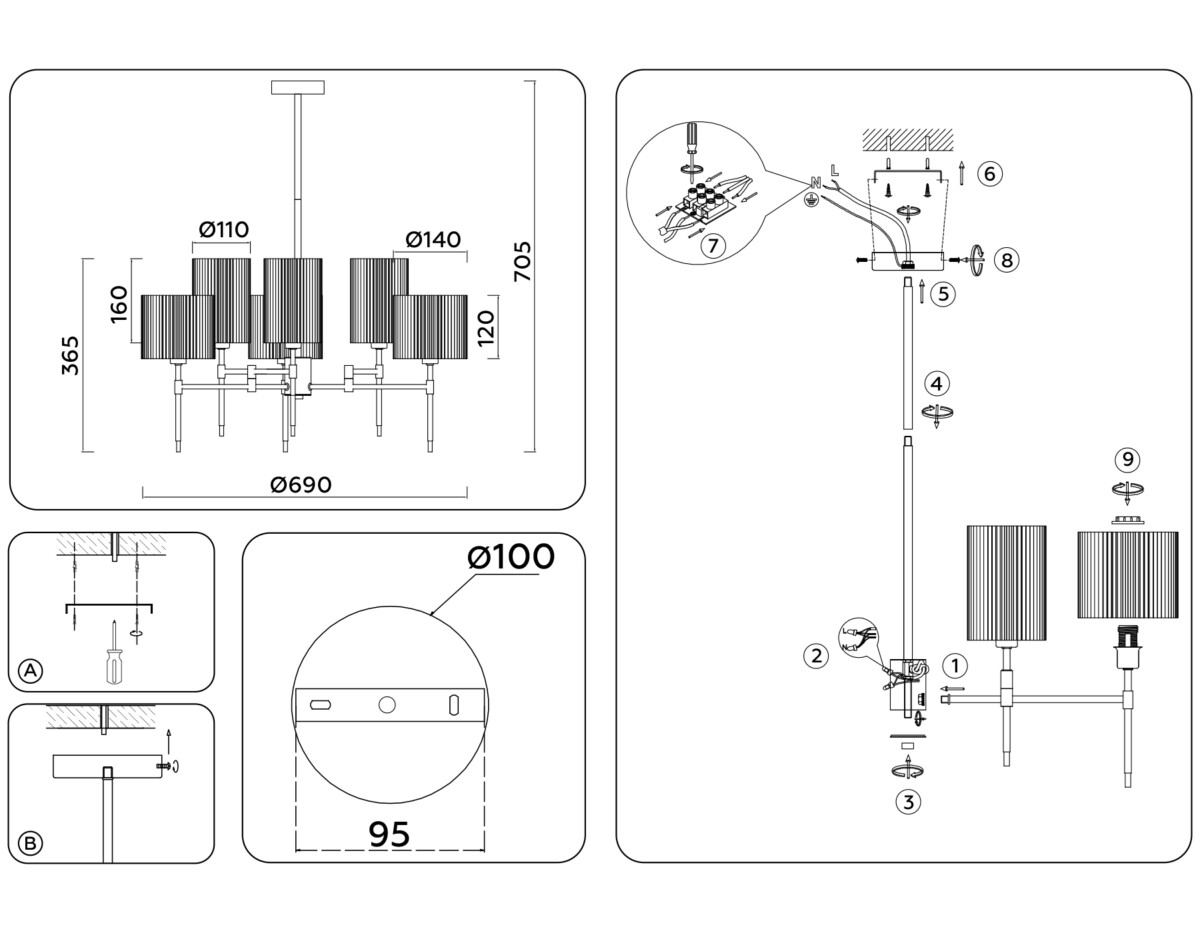 LH72381/6 BS/GR латунь/серый E14*6 max 40W D690*705 — изображение 4