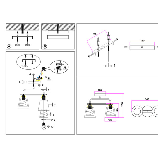 TR303231/2 BK/CH/SM/FR черный/хром/дымчатый/белый матовый E27*2 max 60W 340*120*250