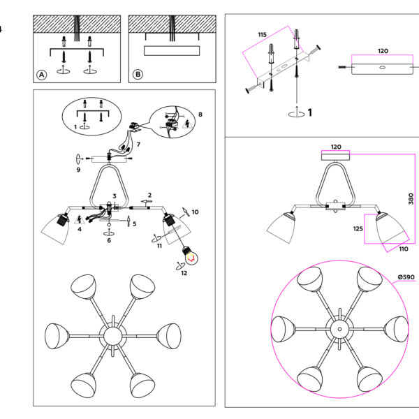 TR303294/6 BK/CH/FR черный/хром/белый матовый E27*6 max 60W D590*380