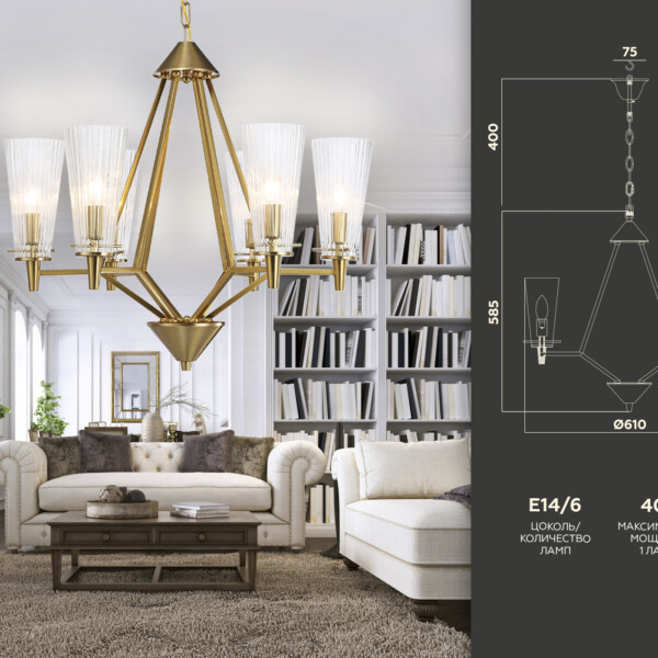 TR3231/6 BS/FR латунь/белый матовый E14*6 max 40W D610*585