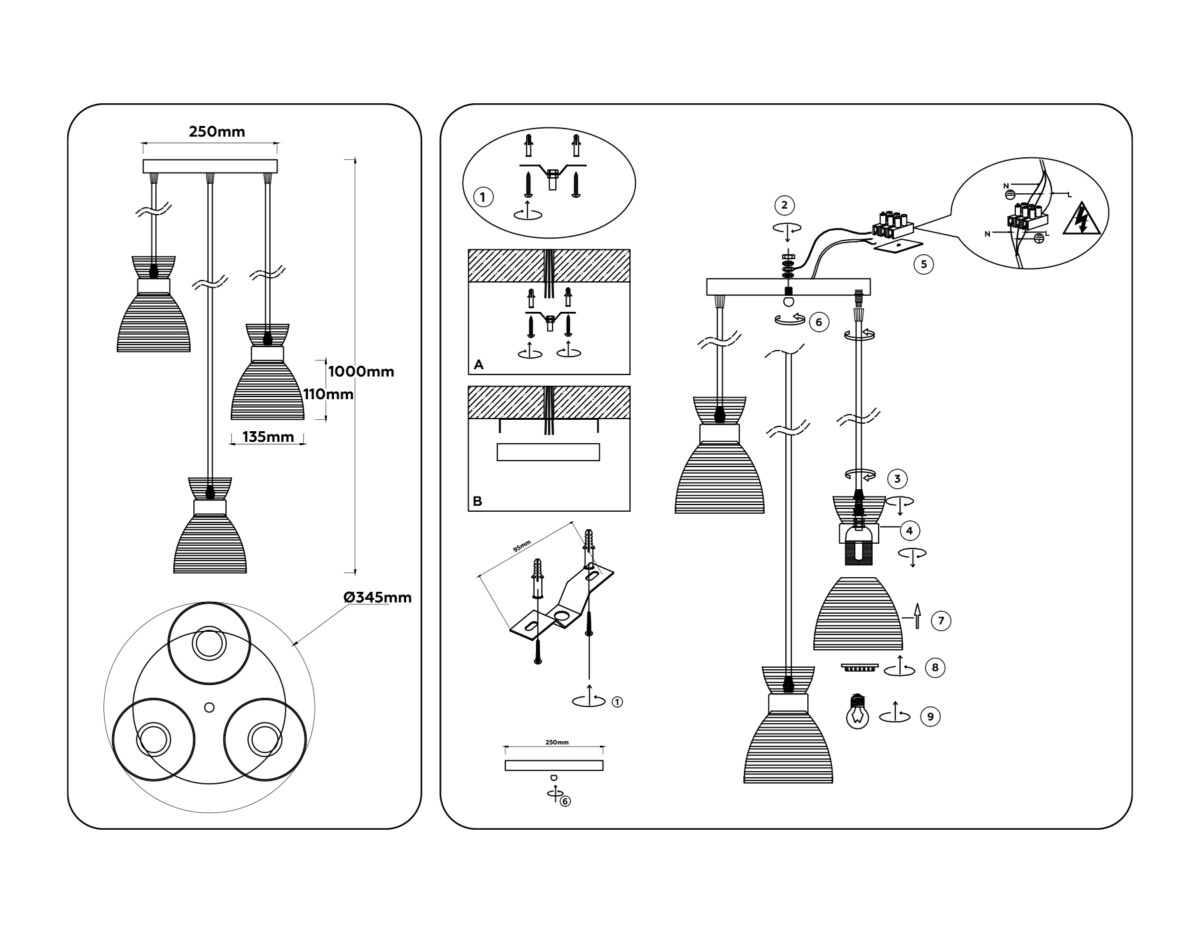 TR3405/3 BK/FGD/TI черный/золото/янтарь E27/3 max 60W D345*1000 — изображение 5
