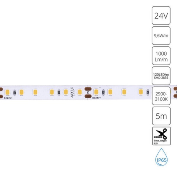 A2412008-04-3K Светодиодная лента 24В 9,6Вт/м 1000Лм/м 3000К 90+ 8мм SMD2835 120шт/м 5м IP65