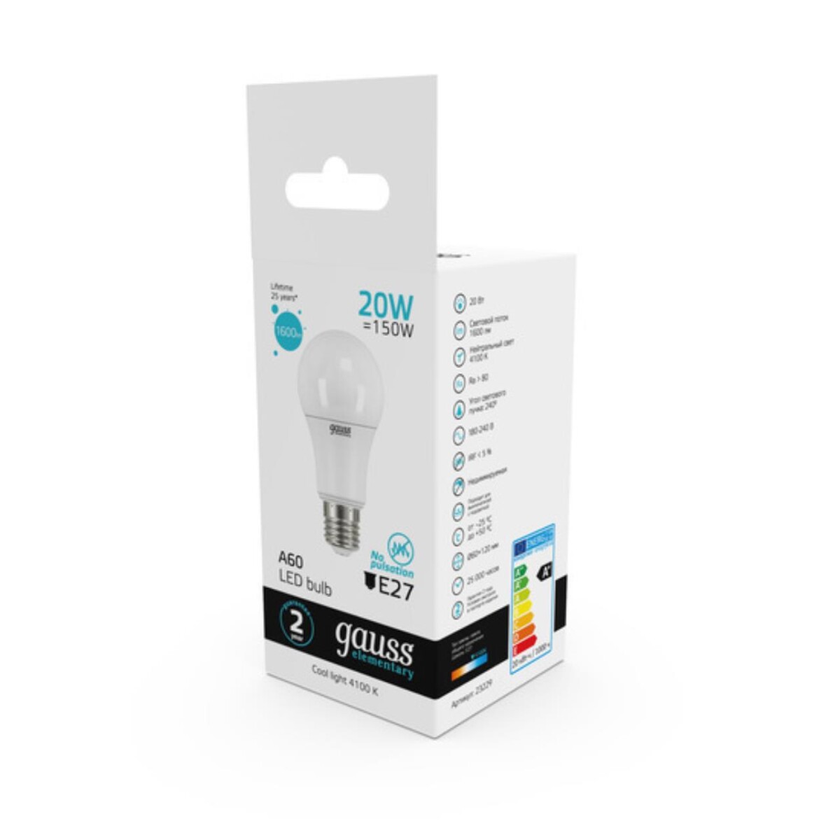 23229 Лампа Gauss LED Elementary A60 20W E27 1600lm 4100K 1/10/50 — изображение 4