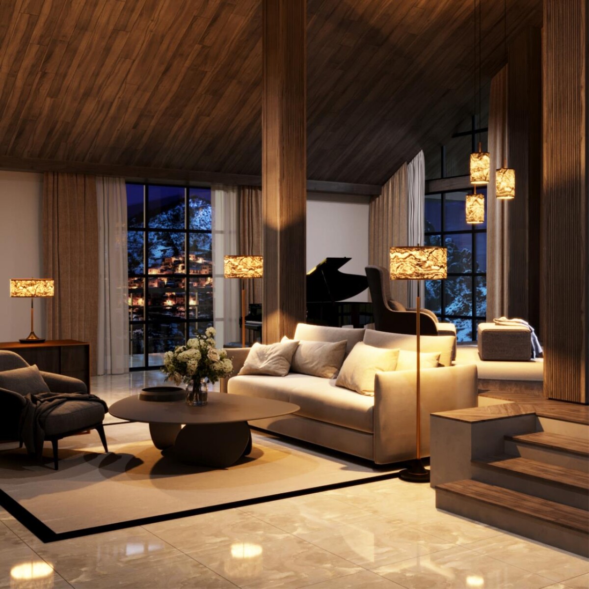 5064/2F MODERN (В 2-х КОРОБКАХ) ODL24 203 античн.бронза/серо-беж./металл/натур.камен."шпон" Торшер E27 LED 2*10W BERGI — изображение 2