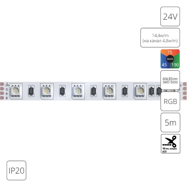 A2406010-01-RGB Светодиодная лента 24В 14,4Вт/м (на канал 4,8Вт/м) RGB 90+ 10мм SMD5050 60шт/м 5м IP20