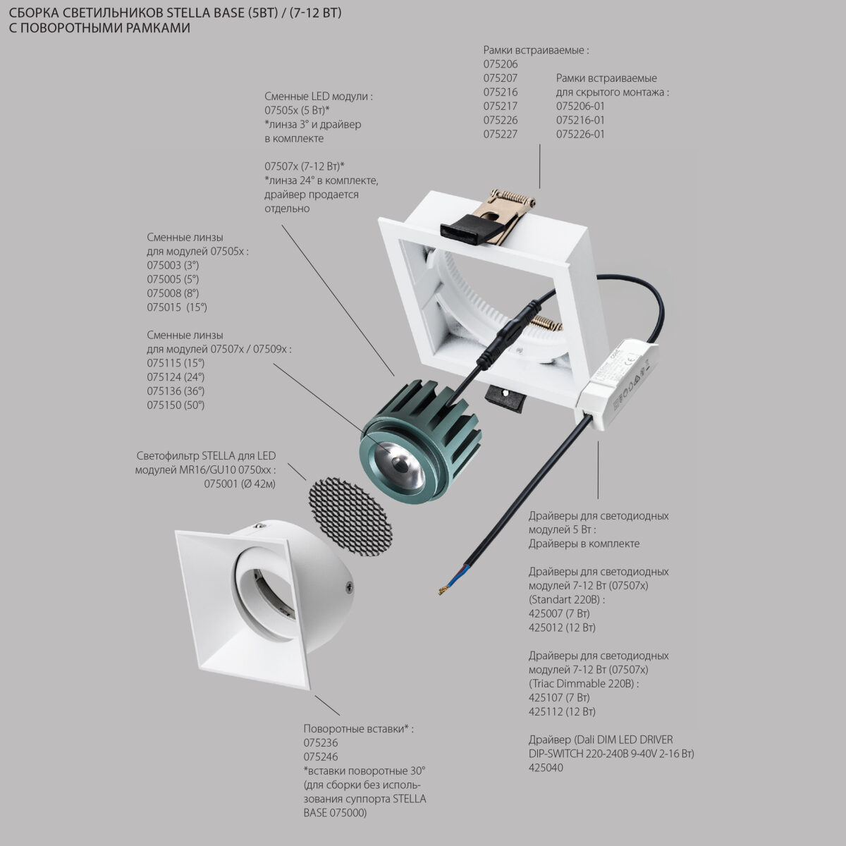 075246 Вставка квадратная поворотная STELLA BASE к 07505x/07507x с углом наклона 30G и вращением на 360G БЕЛЫЙ МАТОВЫЙ — изображение 3
