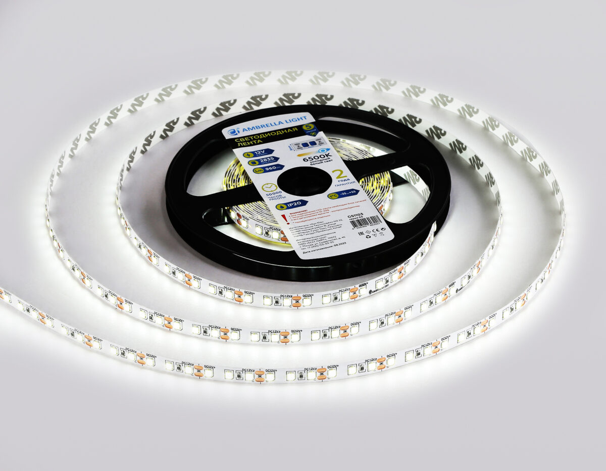 GS1103 2835 120Led/ 9.6W m/ 12V IP20 6500K/ 5000*8*1.2mm (2 конт.) — изображение 3